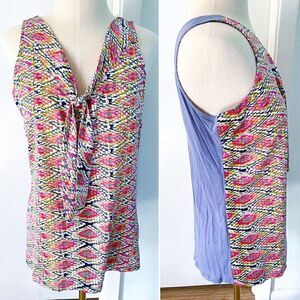 The Limited Tie Neck Tank Top Women Multicolored Print Blouse V Neck -M